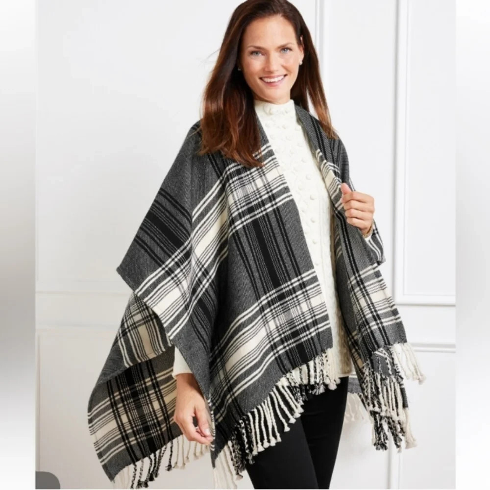 Talbots Reversible Plaid Ruana Wrap Black Ivory Gray Fringe Wool Blend